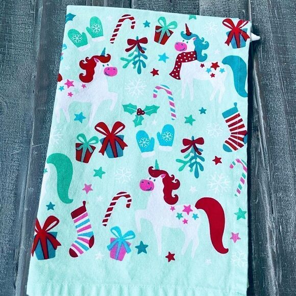 Christmas Unicorn Holiday Print Kitchen Dish Towel - Picture 1 of 2